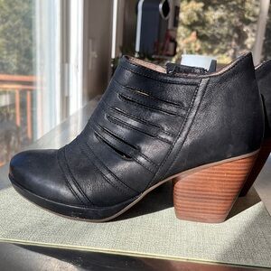 Dansko Black Leather Ankle Booties with Brown Heel